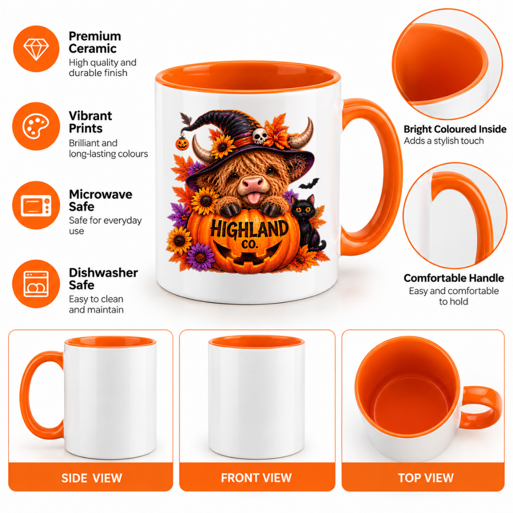 Halloween Mug "Highland Cow Witch Pumpkin" Highland Cow Witch Pumpkin 325ml Ceramic Coffee Mug – Cute Halloween Autumn Tea Cup with Highland Cow Witch Hat Jack O Lantern Black Cat Sunflowers Graphic Gift | Fast Dispatch by UK Seller (M3210)