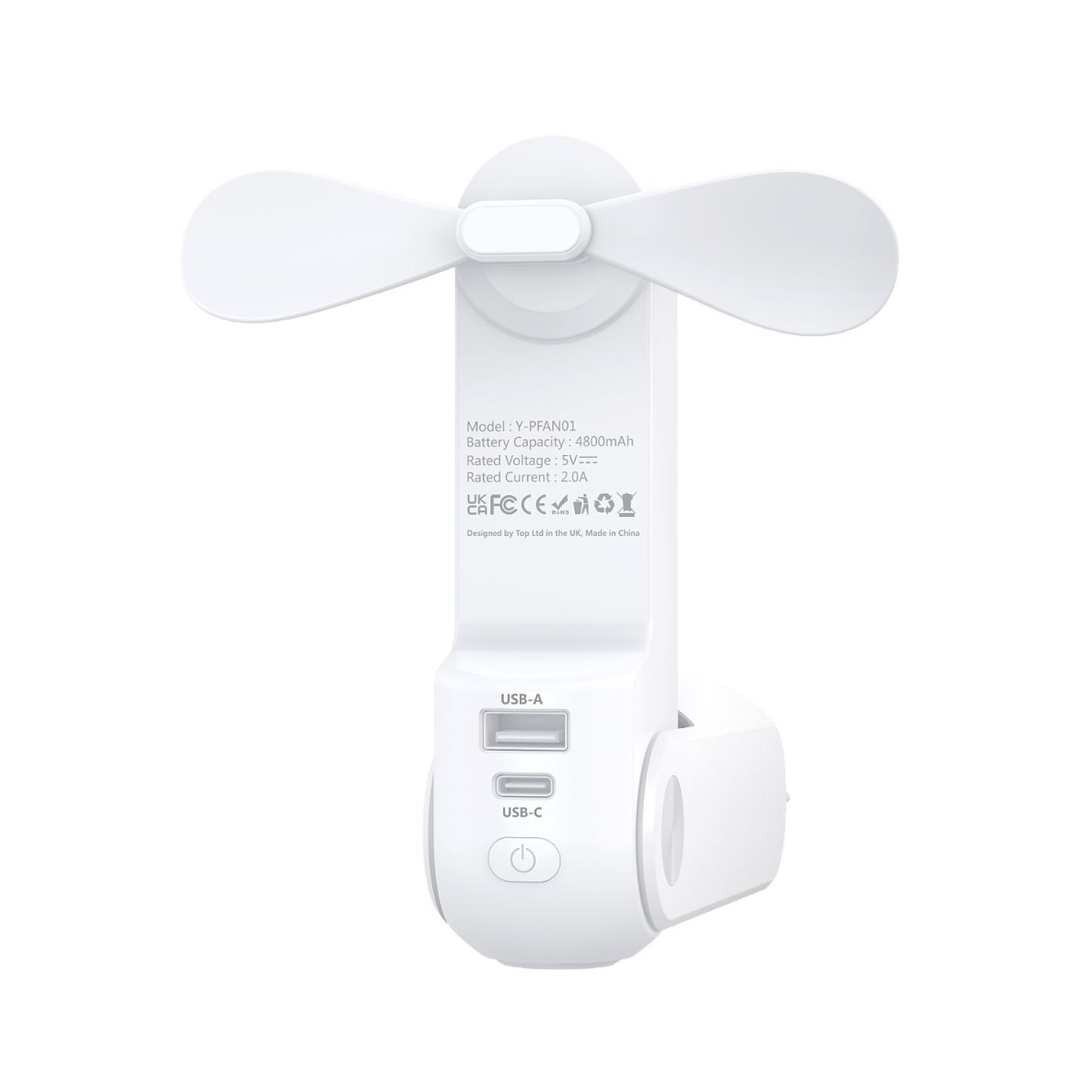 3-in-1 Mini Handheld Fan, Power Bank & Flashlight.