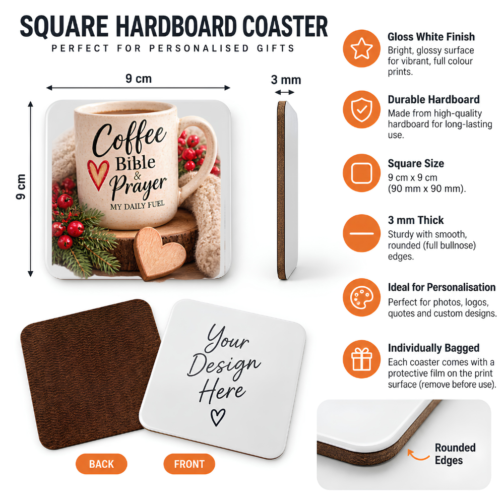 Inspirational Religious Hardboard Coaster "Coffee Bible & Prayer My Daily Fuel" Graphic 9cm x 9cm Square Drinks Coaster “Speckled Ceramic Mug, Wooden Heart & Cozy Knit Scarf Novelty Mat | Christian Glossy Gift | Fast Dispatch by UK Seller (C3052)