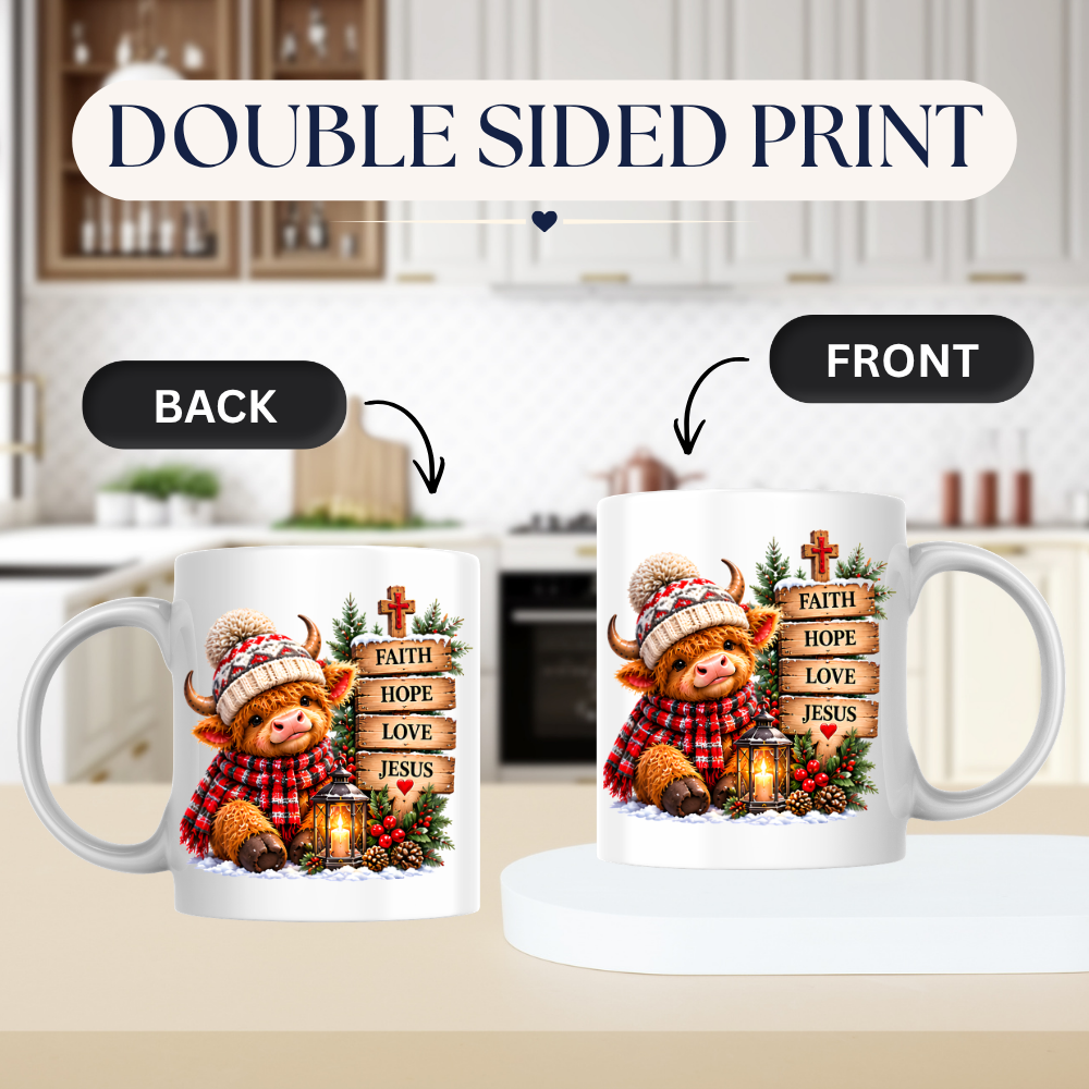 Religious Christmas Mug "Faith Hope Love Jesus" Highland Cow Faith Hope Love Jesus 325ml Ceramic Coffee Mug – Cute Highland Cow Winter Hat Mug with Wooden Signs, Lantern & Pinecones | Christian Holiday Gift | Fast Dispatch by UK Seller (M3356)