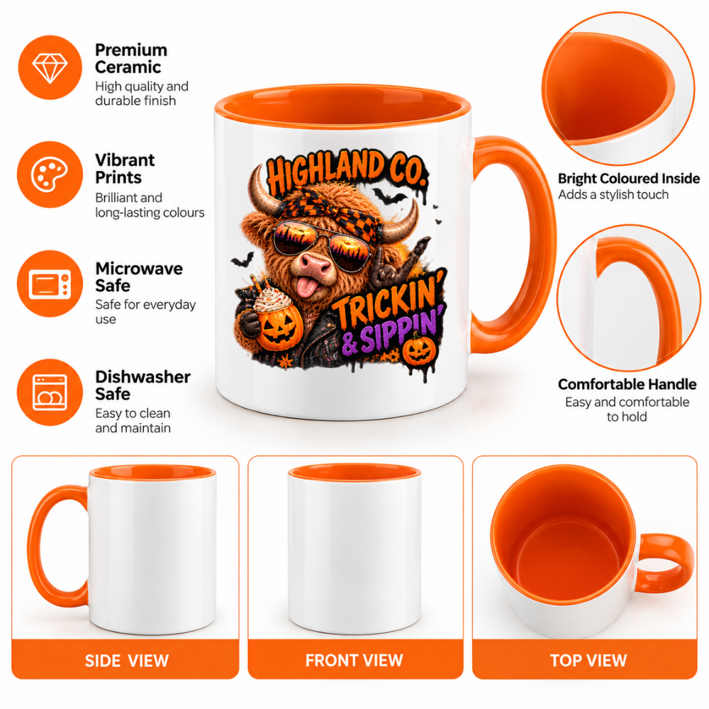 Halloween Mug "Highland Cow Trickin' & Sippin'" Highland Cow Trickin' and Sippin' 325ml Ceramic Coffee Mug – Funny Halloween Autumn Tea Cup With Cool Highland Cow Sunglasses Bandana Jack O Lanterns Graphic Gift | Fast Dispatch by UK Seller (M3211)