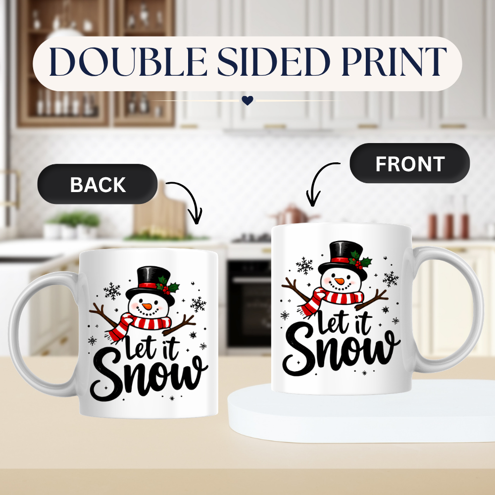 Snowman Christmas Mug "Let It Snow" Let It Snow 325ml Ceramic Coffee Mug – Cute Smiling Snowman with Top Hat, Red Striped Scarf & Flurry Snowflakes | Winter Holiday Gift | Fast Dispatch by UK Seller (M3433)