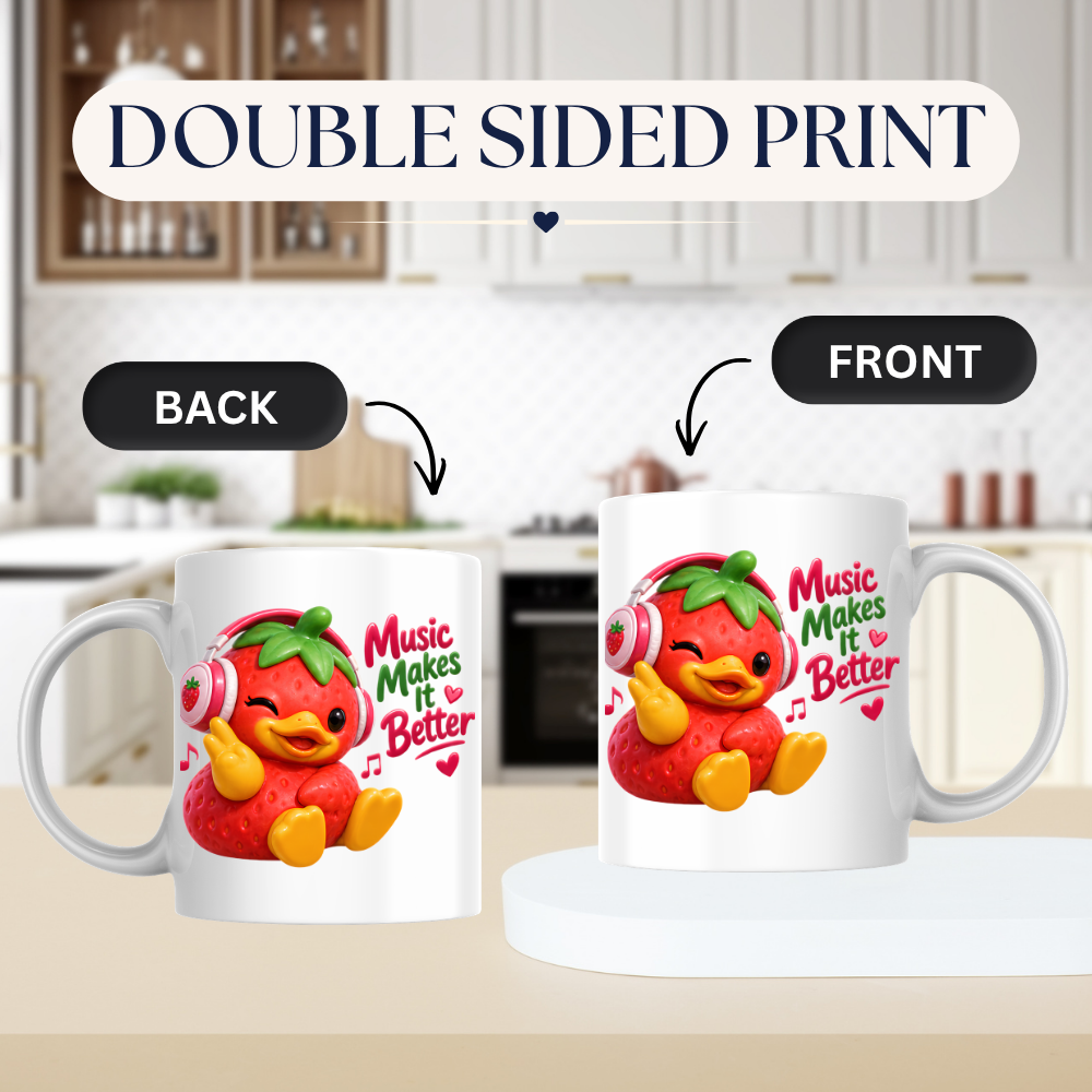 Music Mug "Music Makes It Better Strawberry Duck" 325ml Ceramic Coffee Mug – Cute Winking Strawberry Duck with Pink Headphones Peace Sign Fun Gift For Music Lovers Friends | Available in Multicolours | Fast Dispatch by UK Seller (M3251)