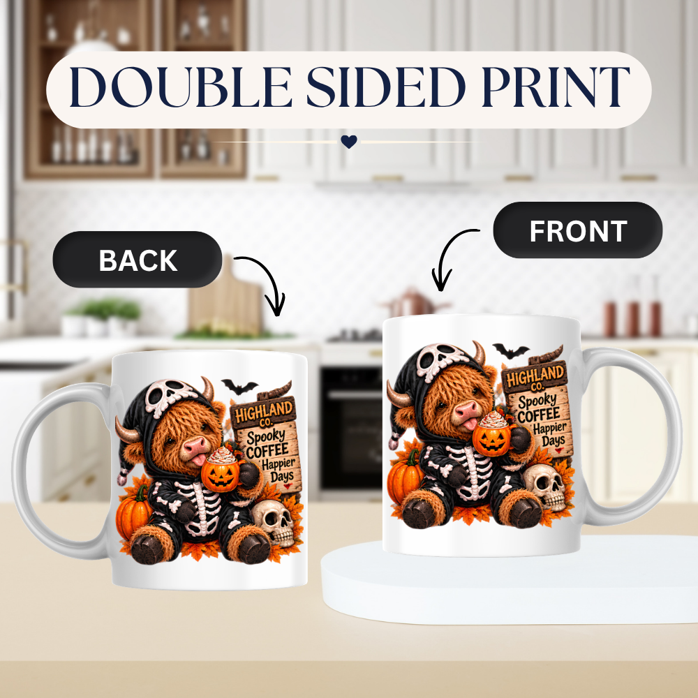 Halloween Mug "Skeleton Onesie Spooky Coffee Happier Days Highland Co." Skeleton Onesie Highland Cow 325ml Ceramic Coffee Mug – Cute Halloween Tea Cup Skull Onesie Pumpkin Mug Graphic Gift | Available in Multicolours | Fast Dispatch by UK Seller (M3181)