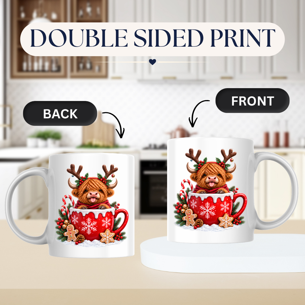 Christmas Mug "Reindeer Antlers Teacup Highland Cow" Reindeer Highland Cow 325ml Ceramic Coffee Mug – Cute Christmas Teacup Present with Gingerbread Man Candy Canes Graphic Gift | Available in Multicolours | Fast Dispatch by UK Seller (M3175)