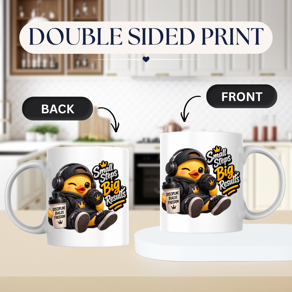 Fitness Mug "Small Steps Big Results Fitness Duck" 325ml Ceramic Coffee Mug – Cute Fitness Duck in Black Hoodie, Cap Headphones Holding Dumbbell Protein Shaker Gym Motivation Gift | Available in Multicolours | Fast Dispatch by UK Seller (M3257)