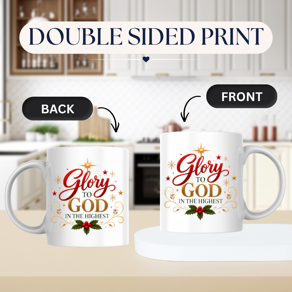 Christmas Mug "Glory To God In The Highest" Glory to God in the Highest 325ml Ceramic Coffee Mug – Festive Christian Typography Mug with Star Of Bethlehem Holly Gold Stars Holiday Gift | Available in Multicolours | Fast Dispatch by UK Seller (M3316)