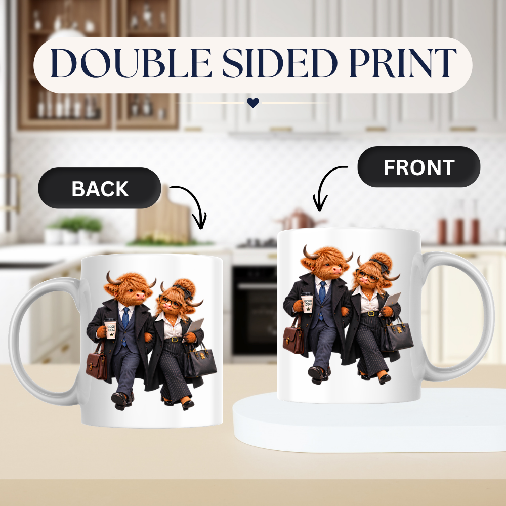 Business Mug "Professional Highland Cow Power Couple" Professional Highland Cow Power Couple 325ml Ceramic Coffee Mug – Stylish Office Corporate Tea Cup With Suits Coffee Graphic Gift | Available in Multicolours | Fast Dispatch by UK Seller (M3193)