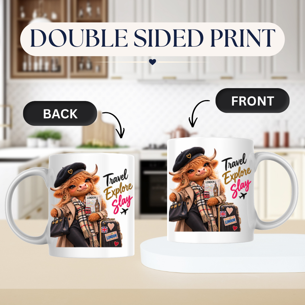 Travel Mug "Travel Explore Slay Highland Cow" Travel Explore Slay Highland Cow 325ml Ceramic Coffee Mug – Chic London Travel Tea Cup with Beret Trench Coat Scarf Graphic Gift | Available in Multicolours | Fast Dispatch by UK Seller (M3199)