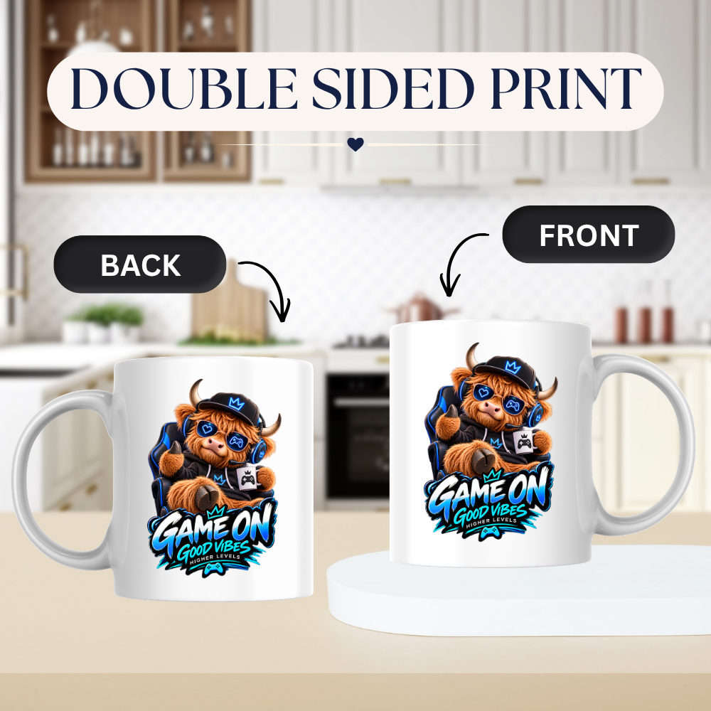 Gaming Mug "Game On Good Vibes Higher Levels" Game On Good Vibes Higher Levels 325ml Ceramic Coffee Mug – Cute Highland Cow Gamer in Chair with Headset, Mug & Blue Splatter Art | Video Game Gift | Fast Dispatch by UK Seller (M3348)