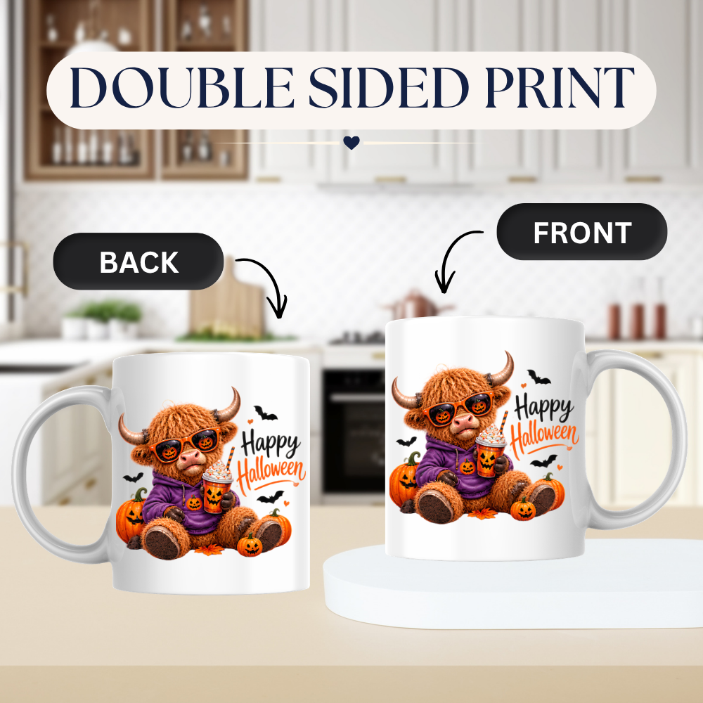Halloween Mug "Cool Pumpkin Spice Happy Halloween" Cool Hoodie Highland Cow 325ml Ceramic Coffee Mug – Trendy Halloween Tea Cup with Pumpkin Sunglasses Iced Drink Graphic Gift | Available in Multicolours | Fast Dispatch by UK Seller (M3169)