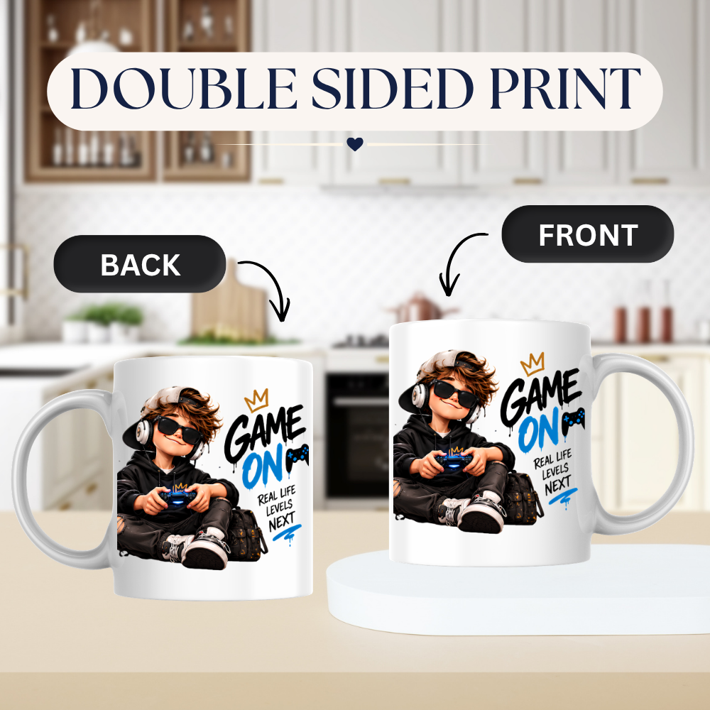 Gamer Mug "Game On" 325ml Ceramic Coffee Tea Cup – Cool Boy Graphic, Headphones, Controller & Slogan Novelty Gift for Gamers, Teens, Birthday – Fast Dispatch by UK Seller (M3502)