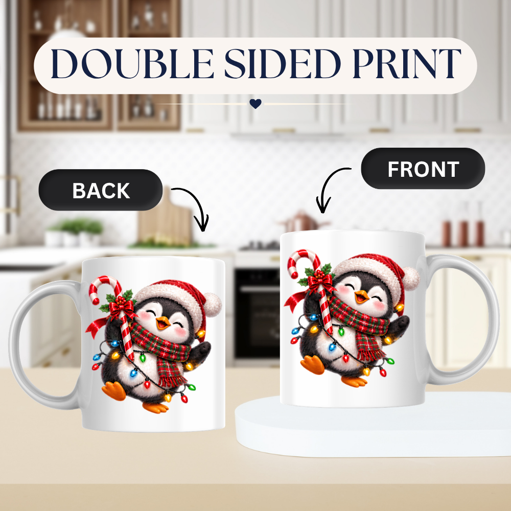 Christmas Mug "Happy Christmas Penguin Candy Cane" Happy Penguin 325ml Ceramic Coffee Mug – Festive Christmas Tea Cup with Santa Hat, Plaid Scarf Candy Cane Fairy Lights Graphic Gift | Available in Multicolours | Fast Dispatch by UK Seller (M3187)