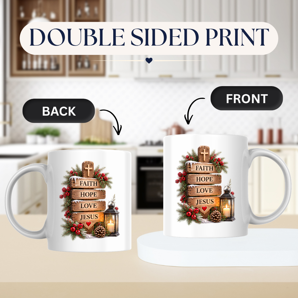 Christmas Mug "Faith Hope Love Jesus Wooden Signpost" 325ml Ceramic Coffee Mug – Christian Christmas Mug With Cross Candle Lantern Pine Sprigs Rustic Festive Gift | Available in Multicolours | Fast Dispatch by UK Seller (M3302)