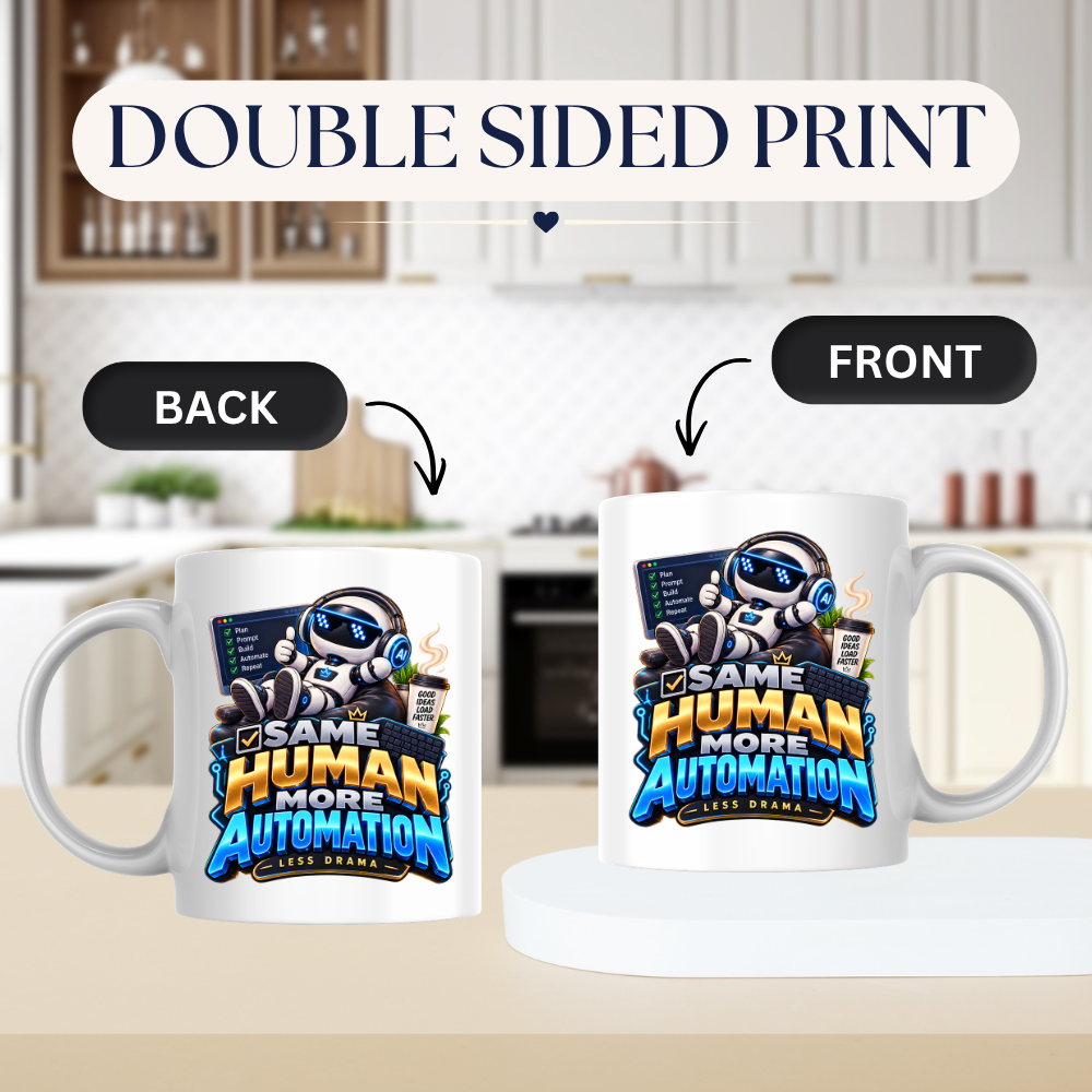 Tech Mug "Same Human More Automation Less Drama" Same Human More Automation Less Drama 325ml Ceramic Coffee Mug – Funny Robot IT Developer Mug with Plan Prompt Build Automate Repeat | Gift for Developers | Fast Dispatch by UK Seller (M3328)