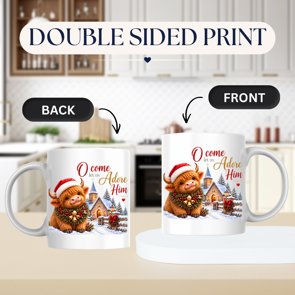 Christmas Mug "O Come Let Us Adore Him Highland Cow" Luke 2:11 325ml Ceramic Coffee Mug – Festive Highland Cow Mug With Christmas Bells Snowy Church Fence Christian Holiday Gift | Available in Multicolours | Fast Dispatch by UK Seller (M3310)