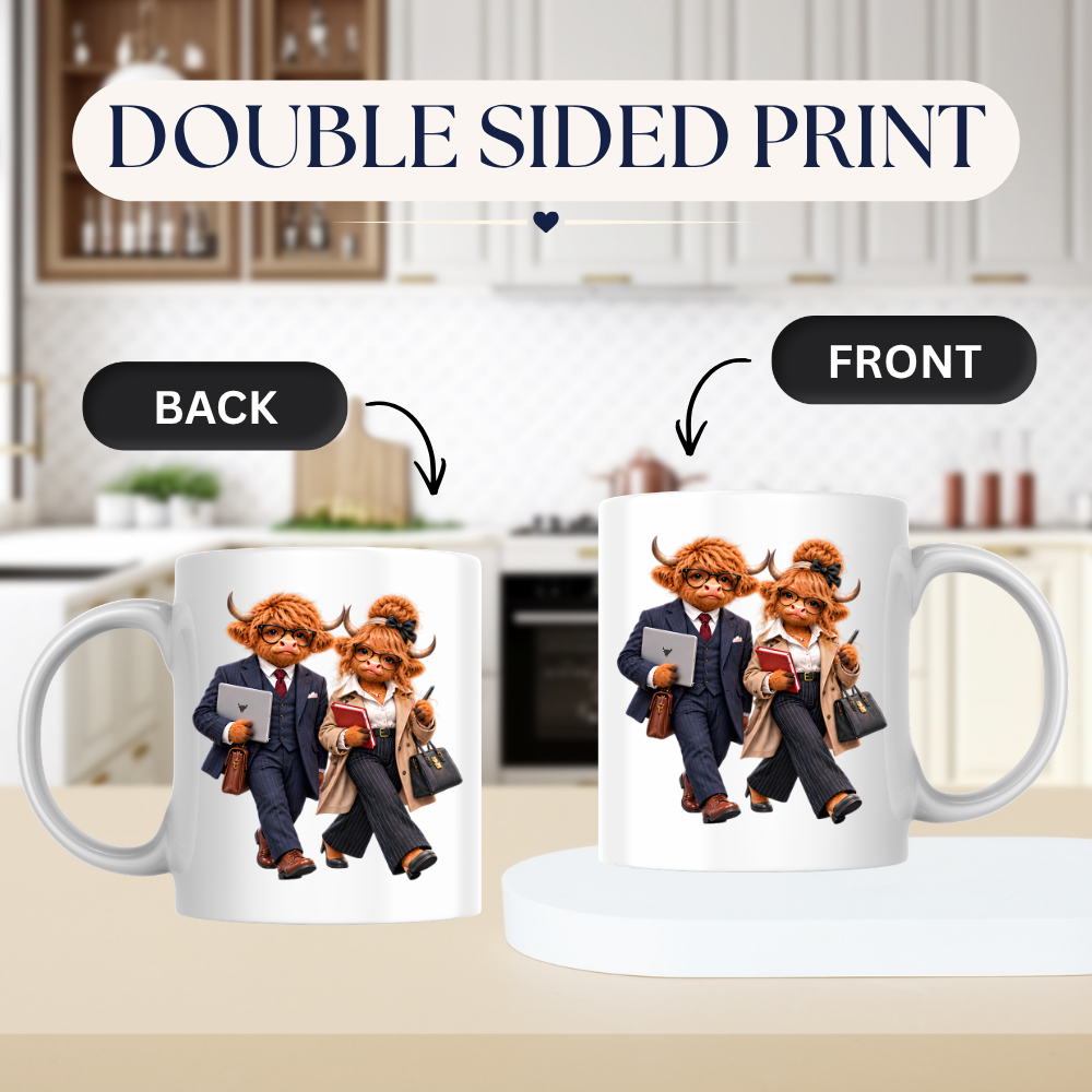 Corporate Mug "Professional Highland Cow Couple" 325ml Ceramic Coffee Mug – Stylish Highland Cow Couple in Suits Coat Holding Laptop Work Office Gift For Coworkers Professionals | Available in Multicolours | Fast Dispatch by UK Seller (M3264)
