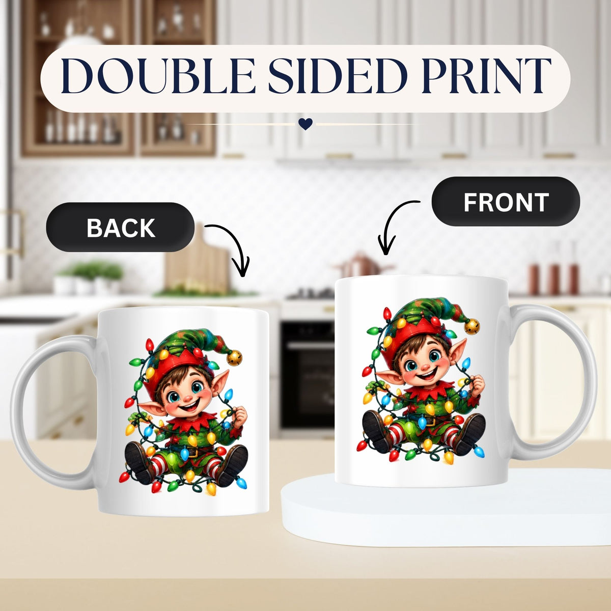 Festive Mug Tangled Fairy Lights Christmas Elf 325ml Ceramic Coffee Mug Cute Holiday Tea Cup with Jingle Bell Hat & Colorful Lights Gift | Available in Multicolours | Fast Dispatch by UK Seller (M1243)