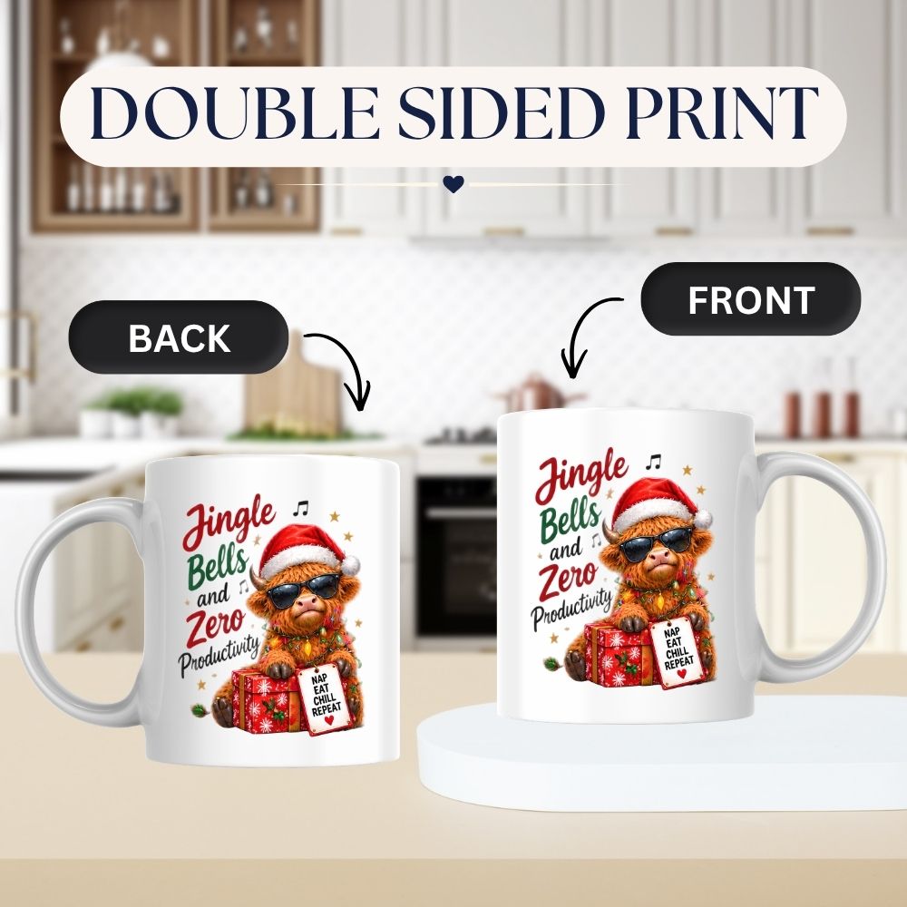 Festive Mug "Jingle Bells and Zero Productivity" Highland Cow 325ml Ceramic Coffee Mug Funny Christmas Holiday Tea Cup with Sunglasses, Fairy Lights & Gift Tag | Available in Multicolours | Fast Dispatch by UK Seller (M1294)