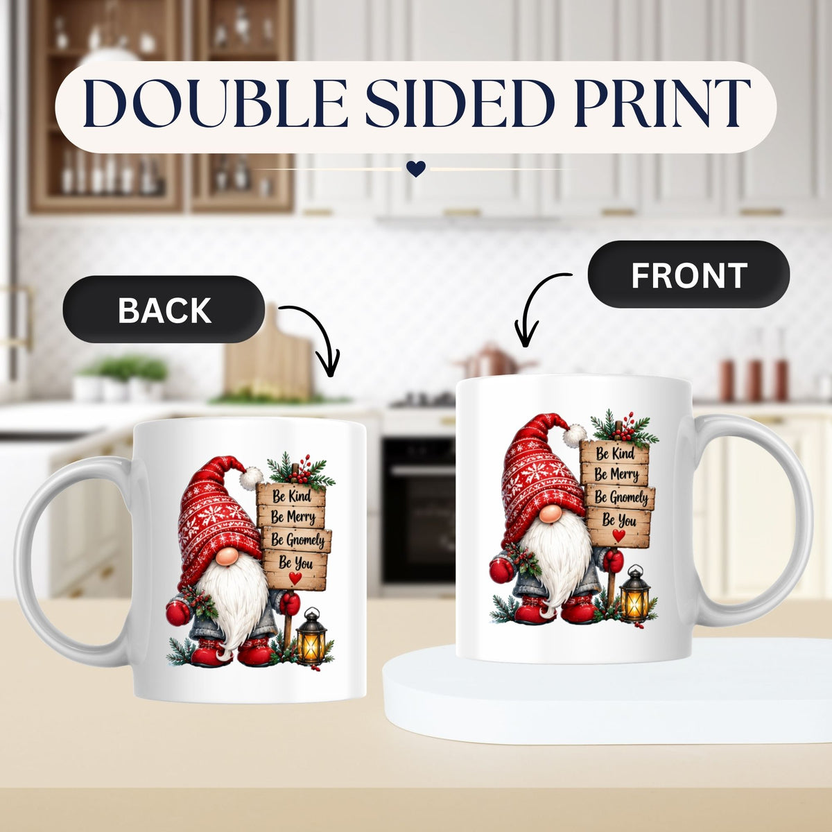 Inspiring Mug "Be Kind Be Merry Be Gnomely Be You" Gnome 325ml Ceramic Coffee Mug Festive Winter Holiday Tea Cup with Sign, Lantern & Red Hat Gift | Available in Multicolours | Fast Dispatch by UK Seller (M1257)