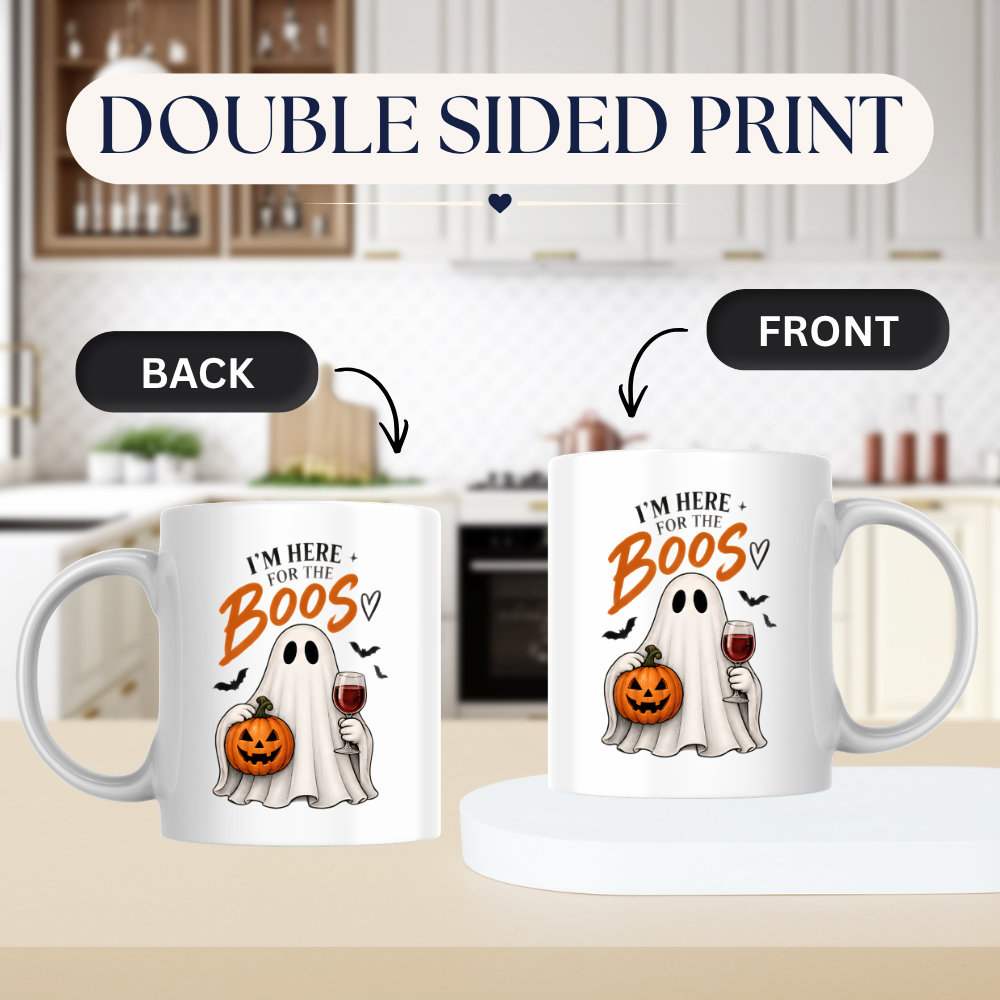 Halloween Mug "I'M HERE FOR THE BOOS" Wine Ghost 325ml Ceramic Coffee Mug Cute Ghost Tea Cup with Pumpkin & Wine Glass Graphic Gift | Available in Multicolours | Fast Dispatch by UK Seller (M3081)