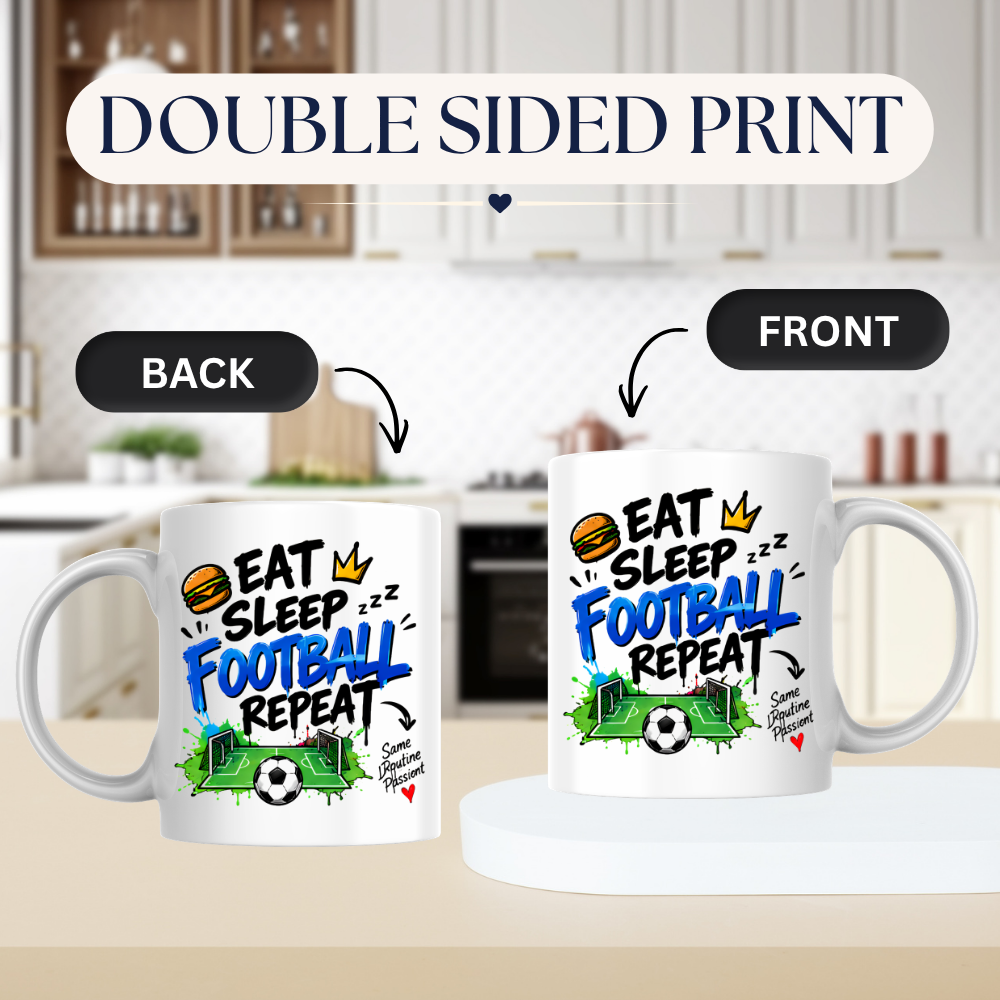 Football Mug "EAT SLEEP FOOTBALL REPEAT" Pitch Graphic 325ml Ceramic Coffee Mug Sporty Routine Tea Cup with Burger, Crown, Pitch & "Same Routine Passion" Graphic Gift | Available in Multicolours | Fast Dispatch by UK Seller (M3097)