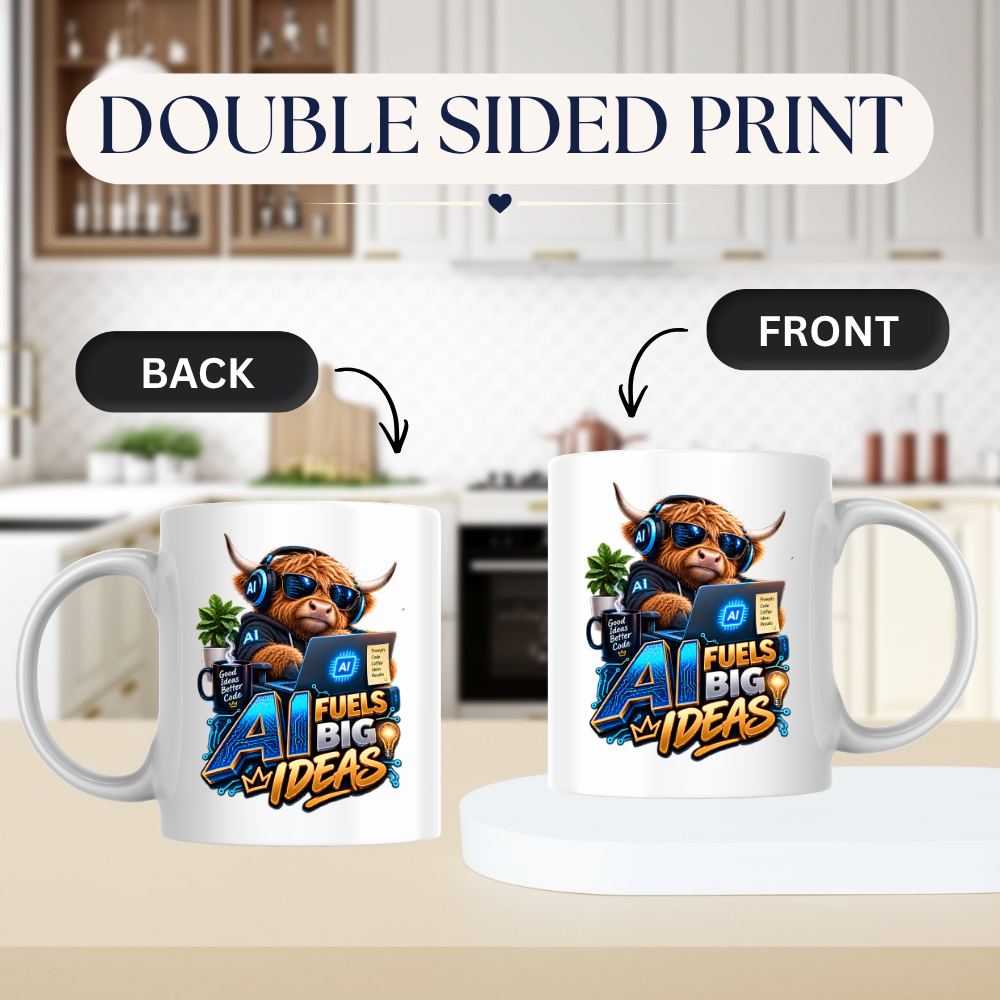 Tech Mug "AI Fuels Big Ideas" AI Fuels Big Ideas 325ml Ceramic Coffee Mug – Funny Highland Cow IT Programmer Mug with Good Ideas Better Code & Laptop | Gift for Developers | Fast Dispatch by UK Seller (M3329)