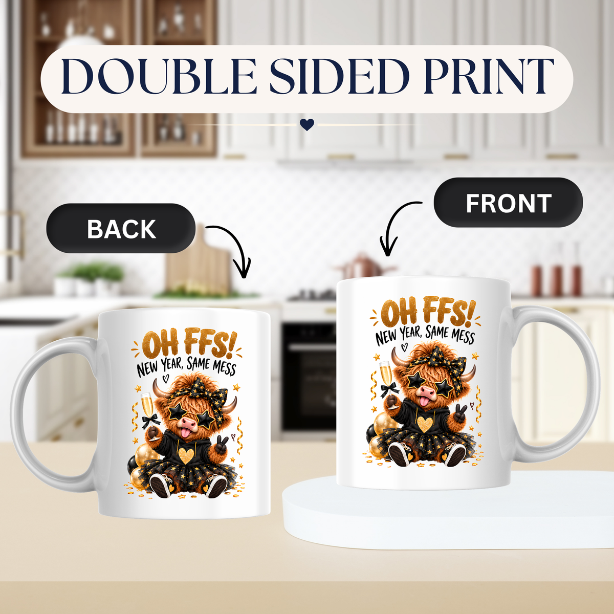New Year Highland Cow Mug "Oh FFS! New Year, Same Mess" Oh FFS! New Year, Same Mess 325ml Ceramic Coffee Mug – Cute Highland Cow with Champagne, Star Glasses, Tutu & Confetti | Funny New Year Gift | Fast Dispatch by UK Seller (M3365)