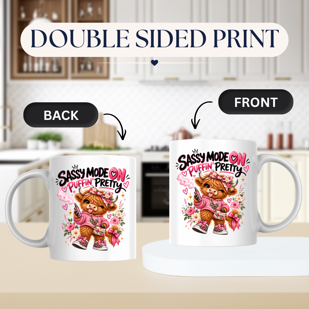 Highland Cow Mug "Sassy Mode On Puffin' Pretty" 325ml Ceramic Coffee Tea Cup – Pink Floral Bow, Hoodie & Vape Novelty Gift for Bestie, Women, Birthday – Fast Dispatch by UK Seller (M3496)