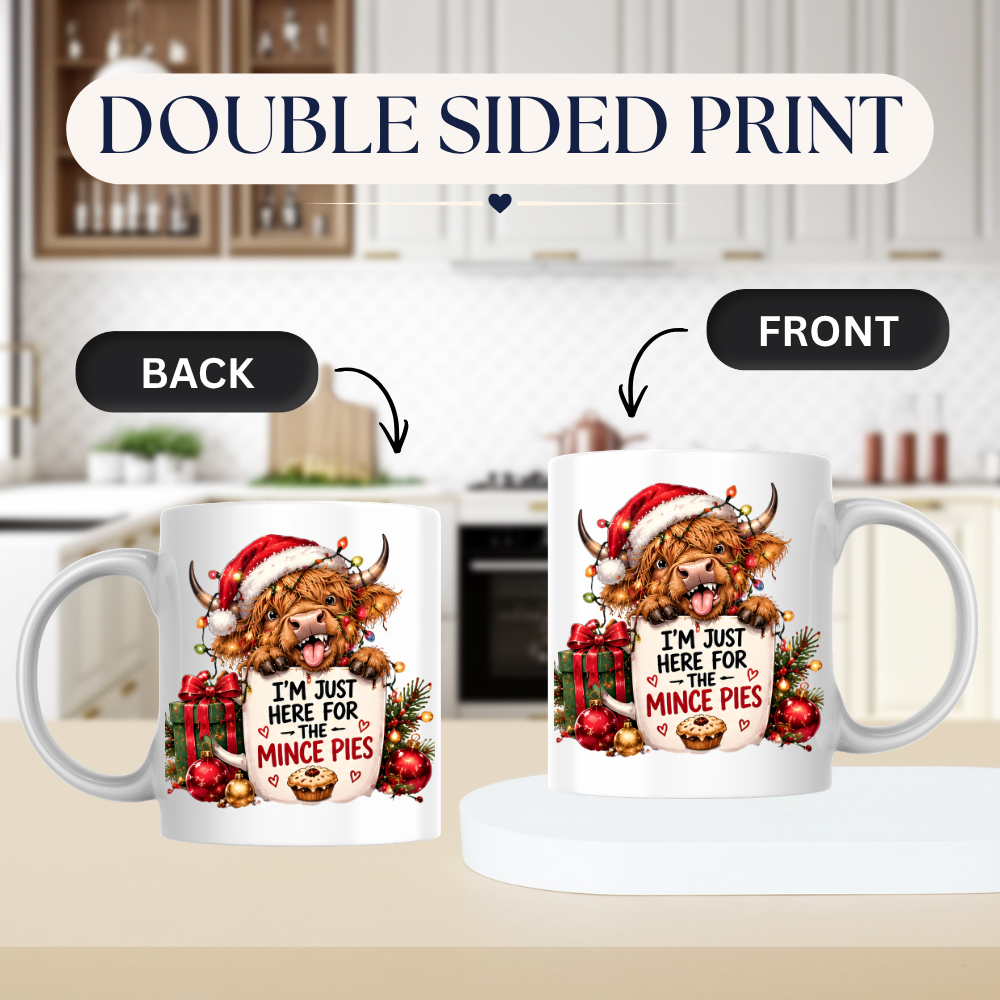 Highland Cow Christmas Mince Pies Mug "I'm Just Here For The Mince Pies" I'm Just Here For The Mince Pies 325ml Ceramic Coffee Mug – Cute Highland Cow in Hat with Fairy Lights & Mince Pie Graphic | Festive Holiday Gift | Fast Dispatch by UK Seller (M3412)