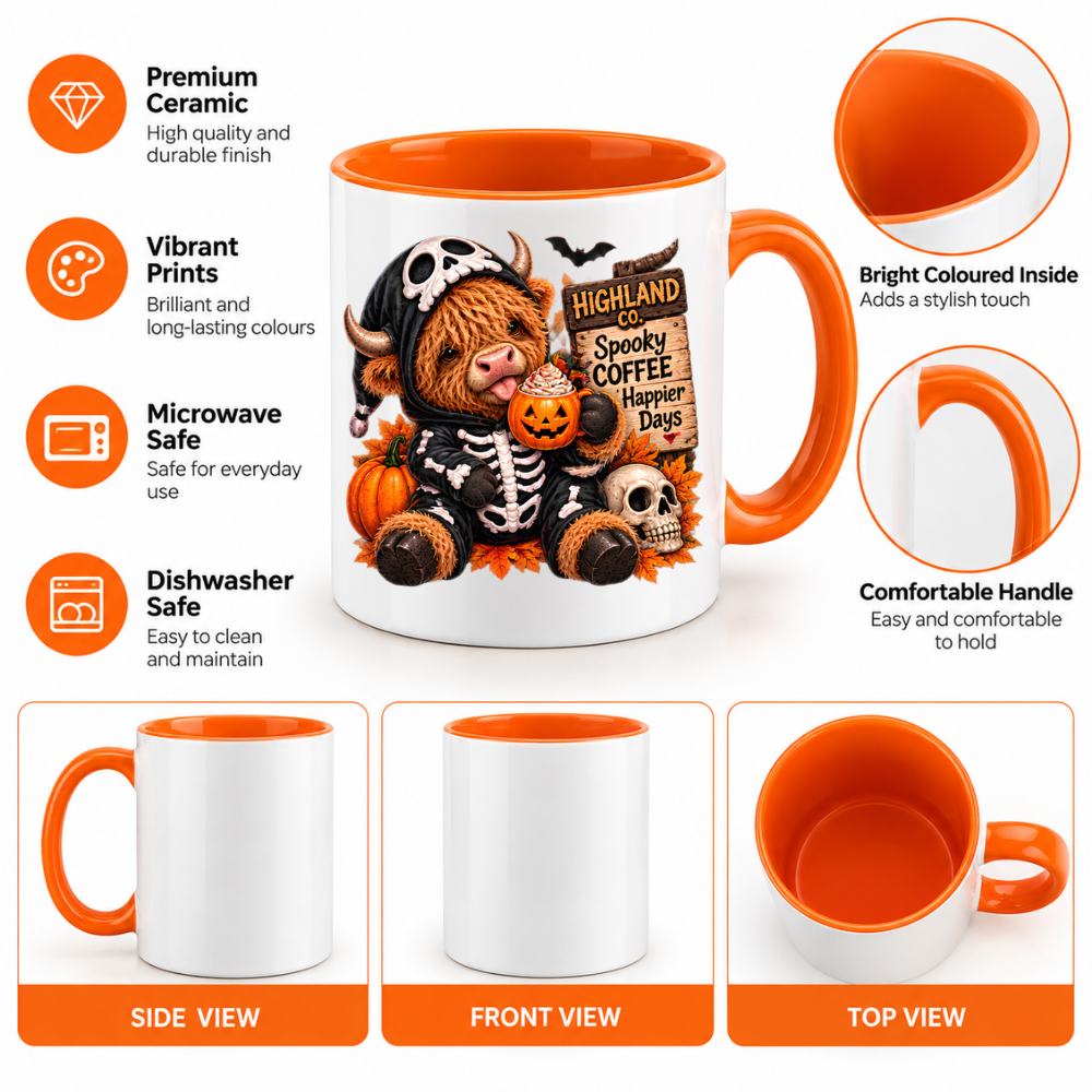 Halloween Mug "Highland Cow Skeleton Spooky Coffee" Highland Cow Skeleton Spooky Coffee 325ml Ceramic Coffee Mug– Cute Halloween Autumn Tea Cup With Skeleton Onesie Highland Cow Graphic Gift | Available in Multicolours | Fast Dispatch by UK Seller (M3213)