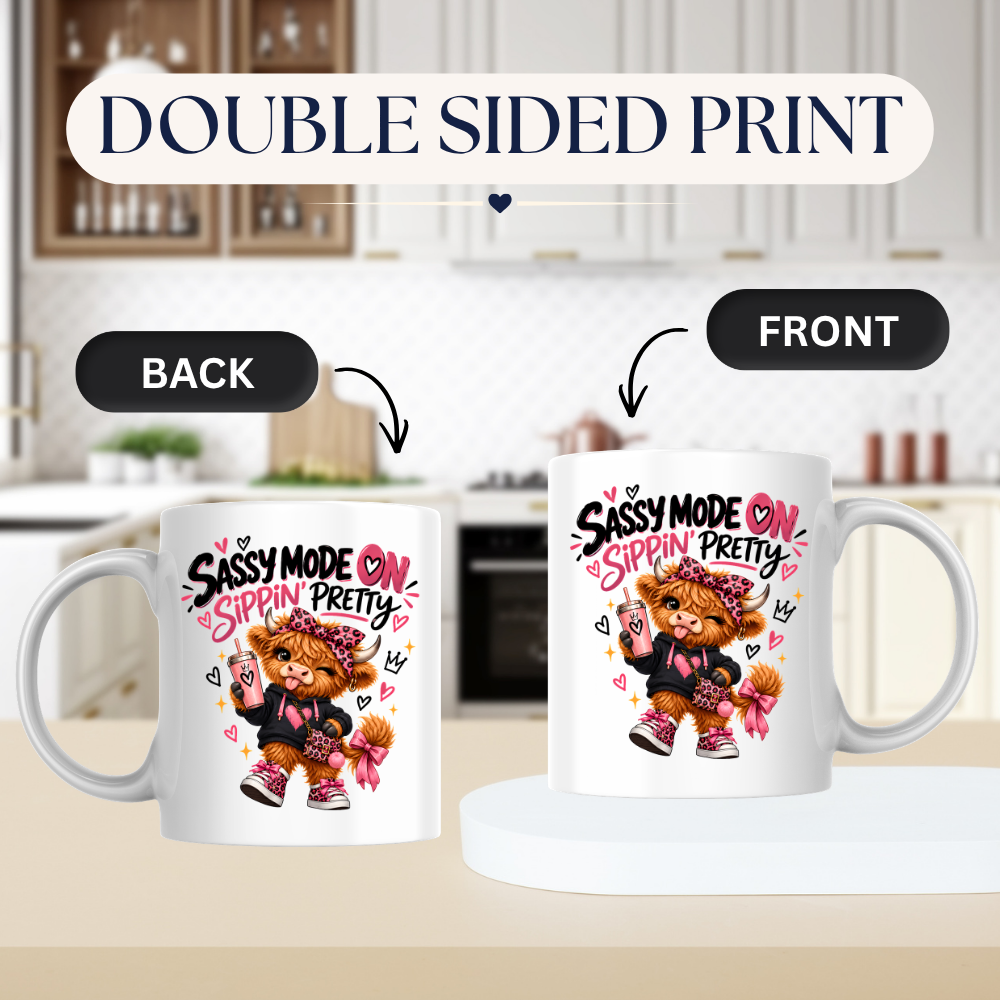 Funny Highland Cow Mug "Sassy Mode On Sippin' Pretty" Sassy Mode On Sippin' Pretty 325ml Ceramic Coffee Mug – Cute Highland Cow in Pink Leopard Bow & Sneakers | Funny Sassy Slogan Gift | Fast Dispatch by UK Seller (M3478)