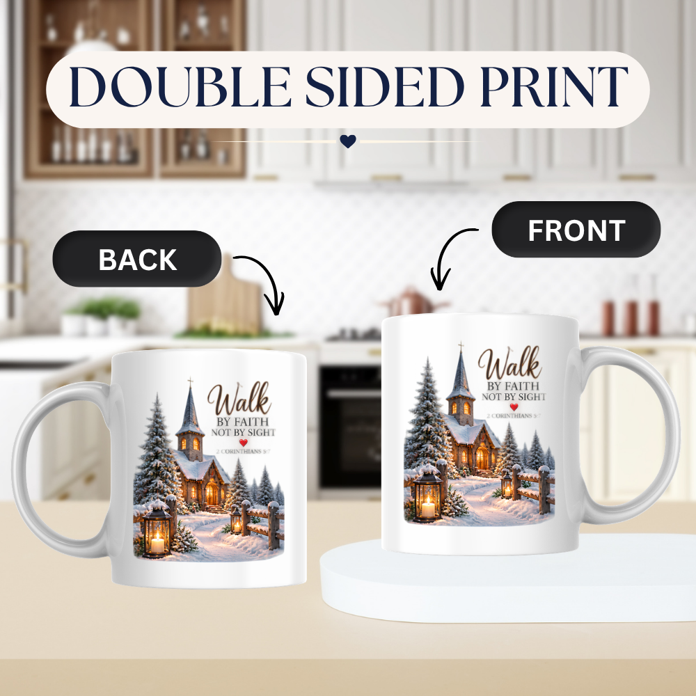 Christmas Mug "Walk By Faith Not By Sight 2 Corinthians 5:7" 325ml Ceramic Coffee Mug – Snowy Winter Church Scene Mug With Lanterns Pine Trees Christian Holiday Gift | Available in Multicolours | Fast Dispatch by UK Seller (M3303)
