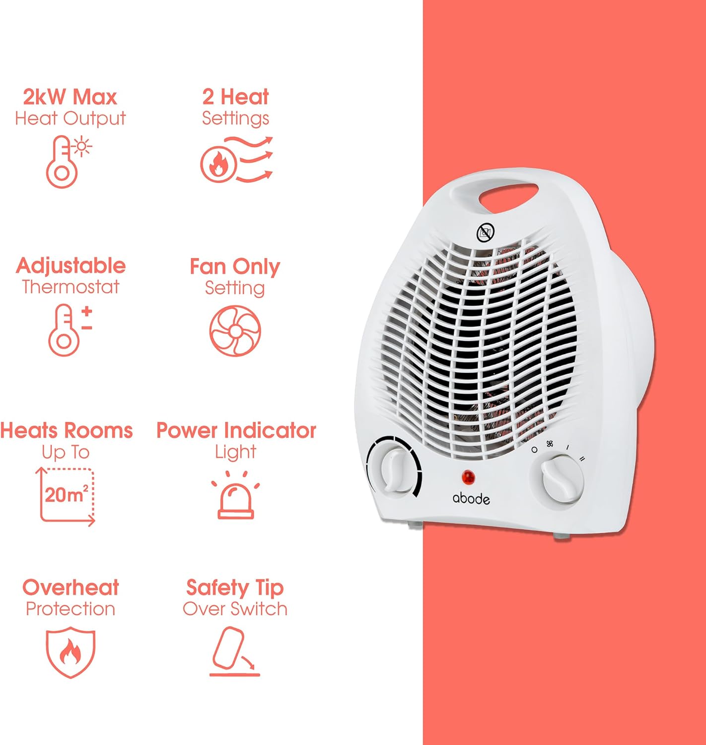 Electric Fan Heater 2000W with 2 Heat Settings, Overheat Protection & Safety Tip Over Switch, Adjustable Thermosat & Cooling Only Setting, Portable & Lightweight White