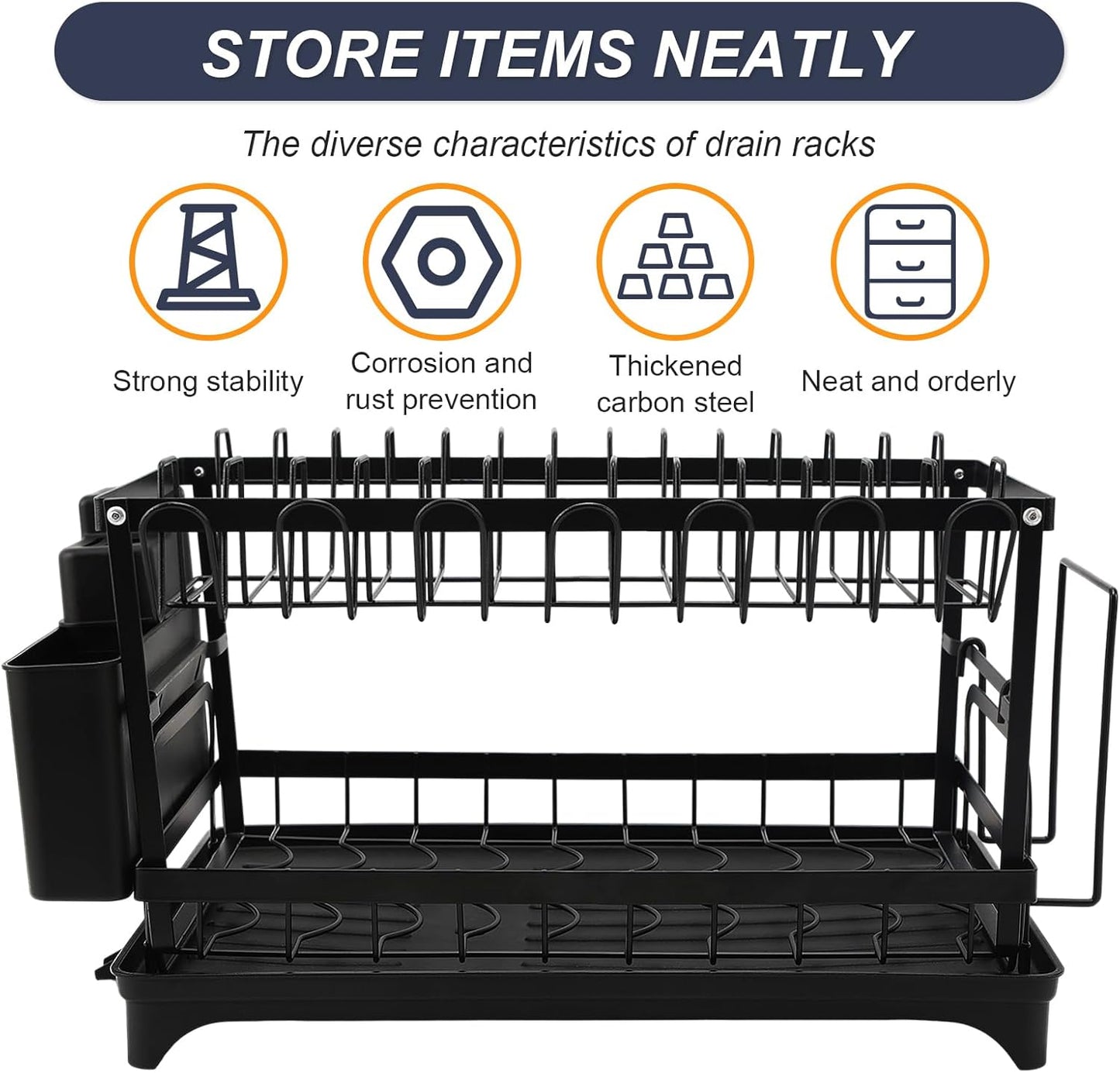 2 Tier Dish Drying Rack,Utensil Holder Kitchen Dish Organizer Shelf With Chopsticks And Chopping Board Holder,Over Sink Kitchen Counter Organizer For Plates Bowls And Cups Black