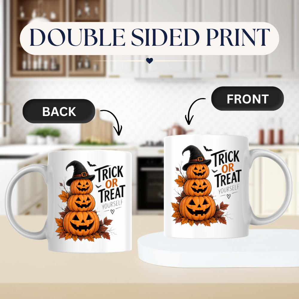 Halloween Mug "TRICK OR TREAT YOURSELF" Pumpkin Tower 325ml Ceramic Coffee Mug Stacked Jack-o'-Lanterns Tea Cup with Witch Hat & Autumn Leaves Graphic Gift | Available in Multicolours | Fast Dispatch by UK Seller (M3082)