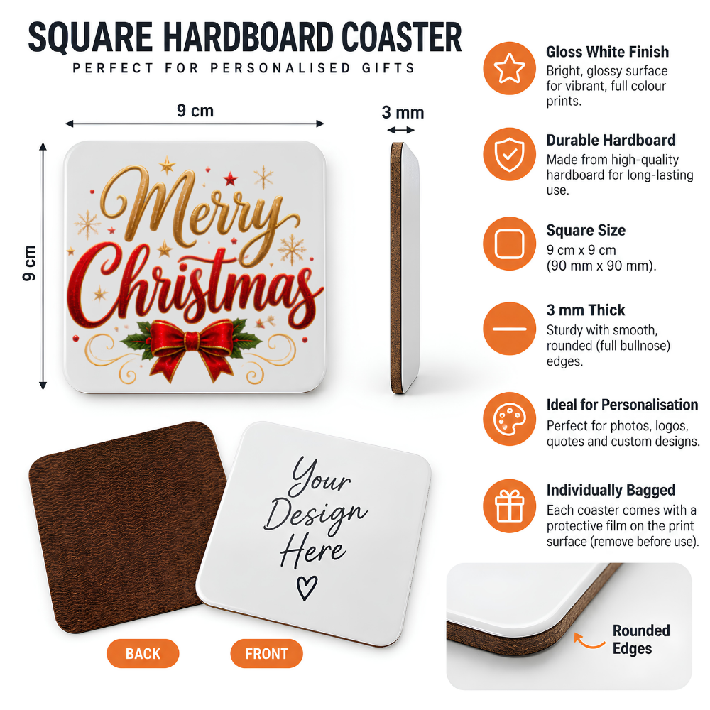 Festive Merry Christmas Hardboard Coaster Slogan Graphic 9cm x 9cm Square Drinks Coaster “Gold & Red Script Typography with Red Satin Bow a
