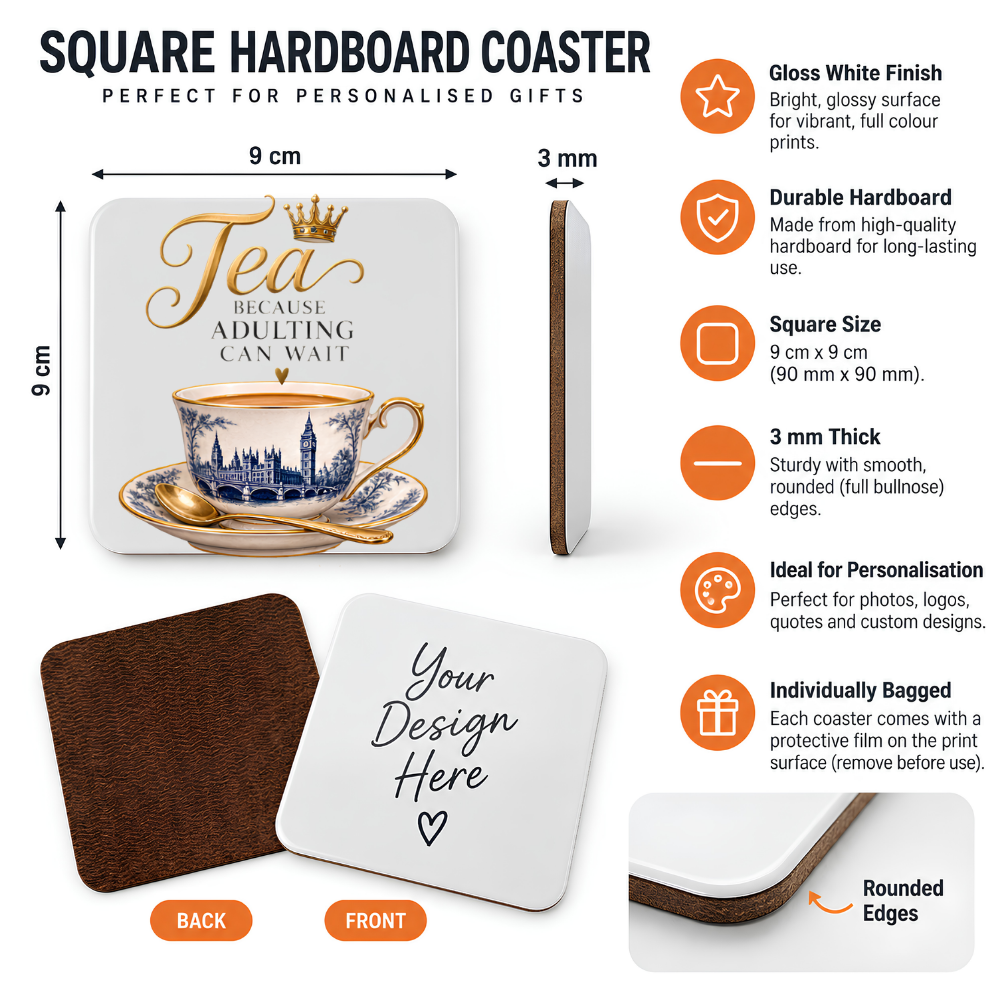 Royal British Tea Hardboard Coaster "Tea BECAUSE ADULTING CAN WAIT" Graphic 9cm x 9cm Square Drinks Coaster – Vintage Blue Willow Teacup with Big Ben, Gold Crown Novelty Mat | Elegant Glossy Gift for Tea Lovers | Fast Dispatch by UK Seller (C3001)
