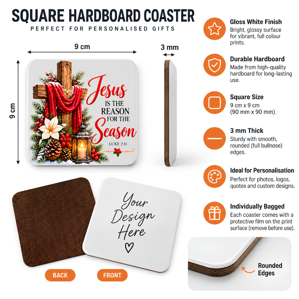 Inspirational Religious Hardboard Coaster "Jesus Is The Reason For The Season" Graphic 9cm x 9cm Square Drinks Coaster “ Rustic Wooden Cross with Red Cloth, Poinsettias & Candle Lantern Novelty Mat | Christian Gift | Fast Dispatch by UK Seller (C3033)
