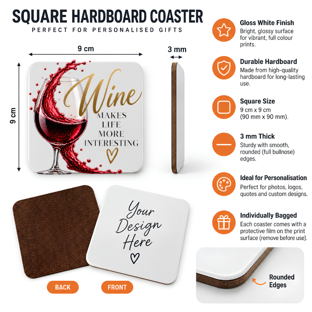 Sassy Wine Hardboard Coaster "Wine Makes Life More Interesting" Graphic 9cm x 9cm Square Drinks Coaster “ Red Wine Glass with Dynamic Liquid Splash Novelty Mat | Elegant Glossy Gift for Wine Lovers | Fast Dispatch by UK Seller (C3013)