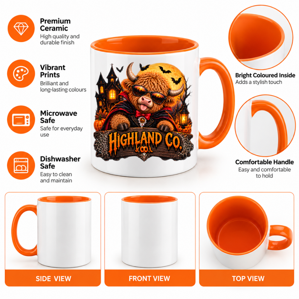 Halloween Mug "Highland Cow Vampire Dracula" Highland Cow Vampire Dracula 325ml Ceramic Coffee Mug – Cool Halloween Autumn Tea Cup with Vampire Highland Cow Dracula Cape Graphic Gift | Available in Multicolours | Fast Dispatch by UK Seller (M3215)