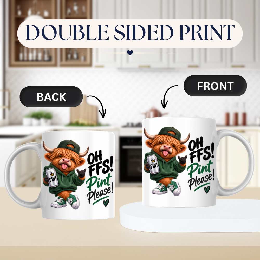 Highland Cow Pint Lover Mug "Oh FFS! Pint Please!" Oh FFS! Pint Please! 325ml Ceramic Coffee Mug – Cute Highland Cow in Green Hoodie & Cap Holding Pint Can with Rock On Sign | Funny Gift | Fast Dispatch by UK Seller (M3392)