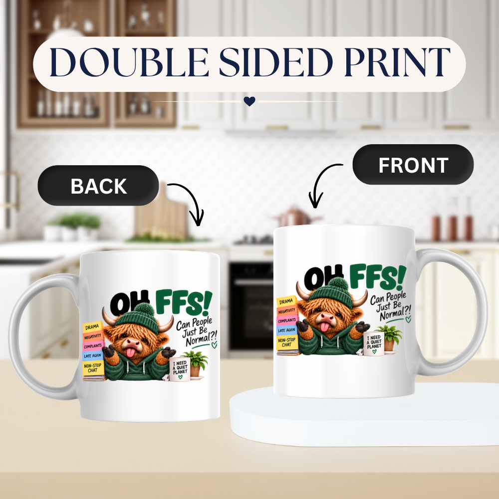 Highland Cow Normal Planet Mug "OH FFS! Can People Just Be Normal?!" Oh Ffs! Can People Just Be Normal?! 325ml Ceramic Mug–Cute Highland Cow in Hoodie & Beanie with Sticky Notes & "Quiet Planet" Mug | Funny Office Gift | Fast Dispatch by UK Seller (M3384)
