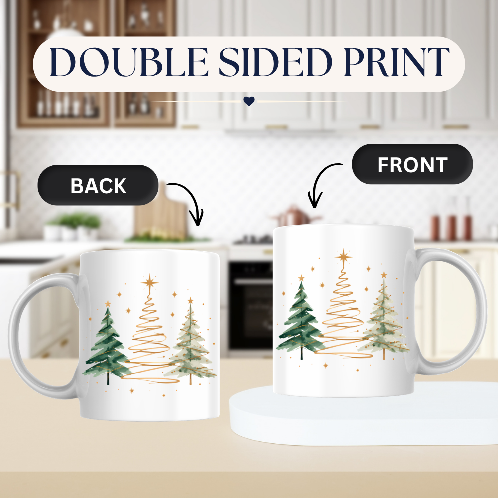 Watercolor Christmas Trees Mug "Minimalist Golden & Green Christmas Trees" Minimalist Golden & Green Christmas Trees 325ml Ceramic Coffee Mug–Watercolor Pine Trees with Gold Swirls & Star Toppers | Festive Holiday Gift | Fast Dispatch by UK Seller (M3413)