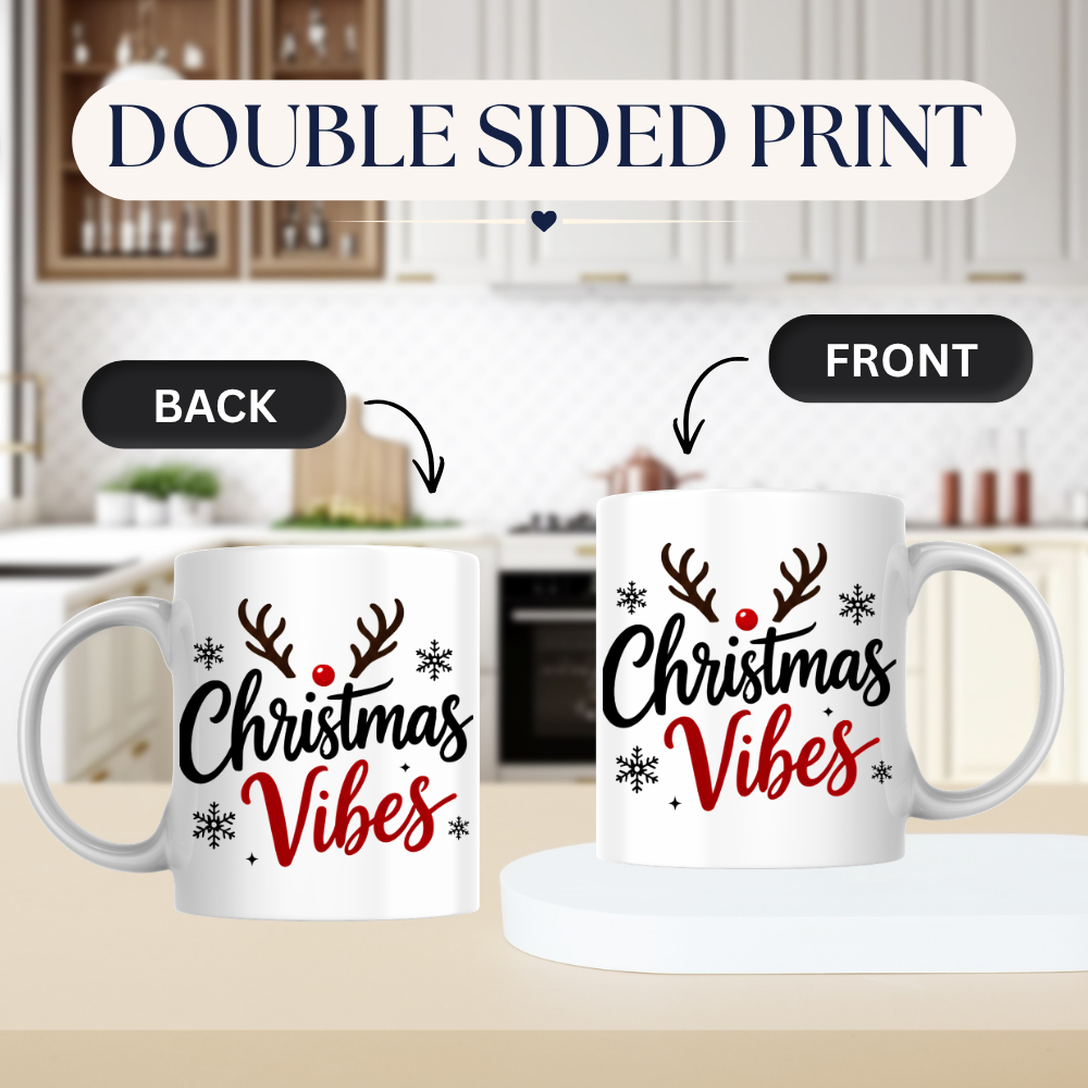 Christmas Reindeer Mug "Christmas Vibes" Christmas Vibes 325ml Ceramic Coffee Mug – Festive Typography Slogan with Brown Reindeer Antlers, Red Nose & Black Snowflakes | Winter Holiday Gift | Fast Dispatch by UK Seller (M3435)