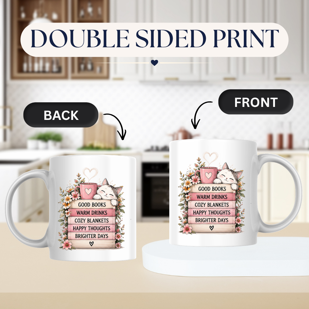 Cozy Reading Mug "Good Books Warm Drinks Cozy Blankets" Cute Cat & Book Stack 325ml Ceramic Coffee Mug – Bookworm and Cat Lover Tea Cup with Floral Frame Graphic Gift | Available in Multicolours | Fast Dispatch by UK Seller (M3031)