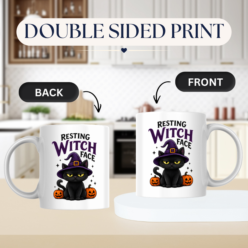 Halloween Mug "RESTING WITCH Face" Grumpy Black Cat 325ml Ceramic Coffee Mug – Sassy Witch Hat Tea Cup with Pumpkin & Sparkles Graphic Gift | Available in Multicolours | Fast Dispatch by UK Seller (M3075)