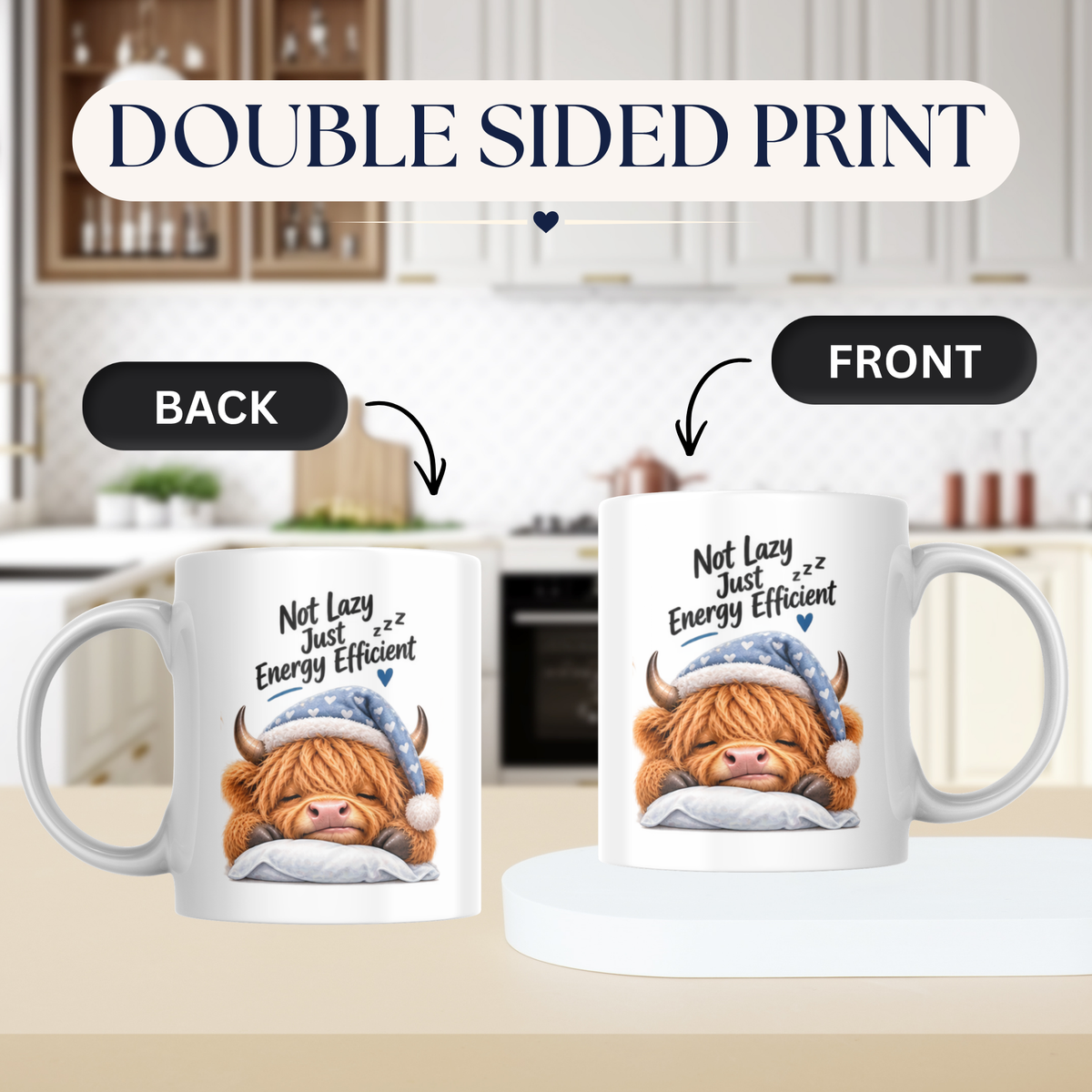 Funny Mug Sleeping Highland Cow "Not Lazy Just Energy Efficient" Ceramic Coffee Mug - Relatable Sarcastic Farm Animal Nightcap Tea Cup Gift | Available in Multicolours | Fast Dispatch by UK Seller (M1223)
