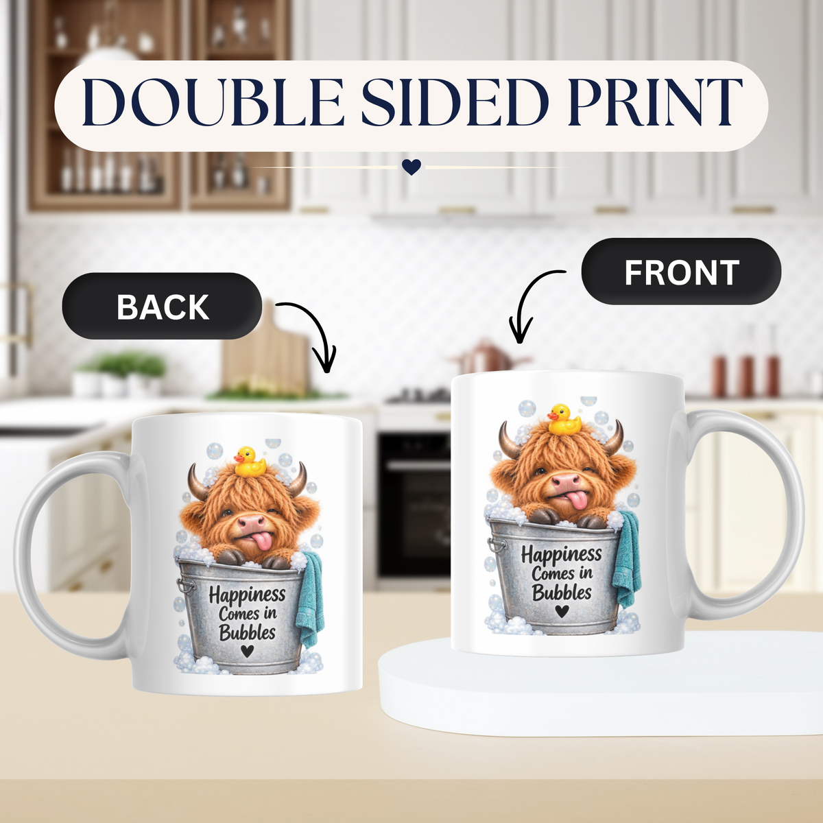 Novelty Mug "Happiness Comes in Bubbles" Highland Cow Ceramic Coffee Mug – Cute Bubble Bath Farm Animal with Rubber Duck & Tongue-Out Tea Cup Gift | Available in Multicolours | Fast Dispatch by UK Seller (M1225)