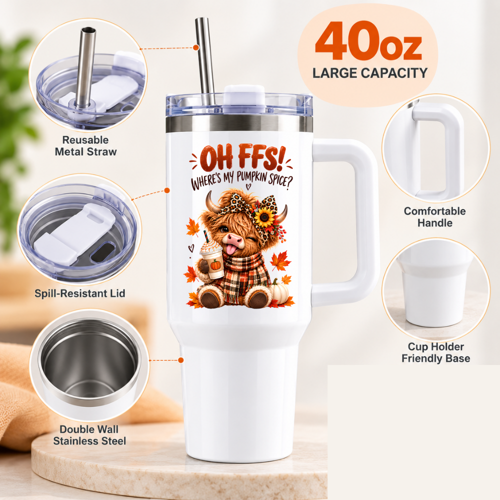 Sassy Highland Cow Travel Tumbler "OH FFS! Where's my Pumpkin Spice?" Graphic 40oz Stainless Steel Insulated Travel Mug with Handle & Straw – Autumn Cow in Plaid Scarf, Sunflower Bow & Iced Coffee Cup Novelty Gift | Fast Dispatch by UK Seller (T3044)
